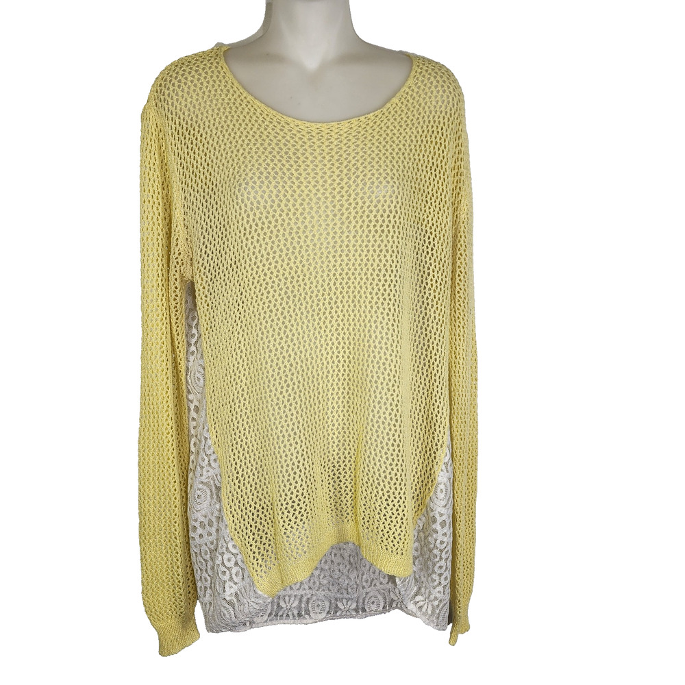 Umgee Women Sweater L Yellow White Open Knit Lace Hi Low Long Sleeve Pullover